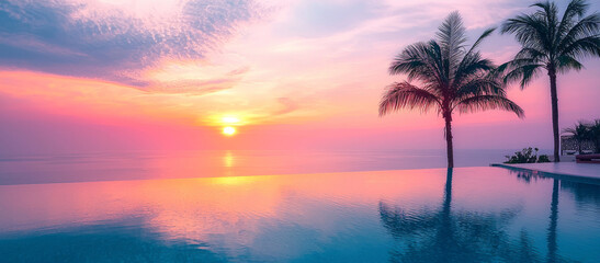 Aufkleber - Golden sun dips below the horizon, casting a warm glow across the calm water while palm trees frame this peaceful tropical paradise, inviting relaxation and joy
