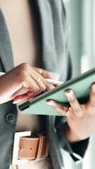 Poster - Design, hands and tablet with business person closeup in office for creative web development. Agenda, planning and schedule with employee woman in workplace for online programming or research
