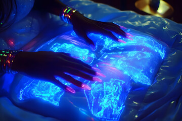 Poster - Woman interacts with glowing world map