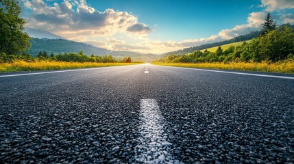 Aufkleber - An inviting road stretches into the distance, flanked by vibrant grass and majestic hills. Golden sunlight bathes the landscape, creating a tranquil atmosphere perfect for adventure