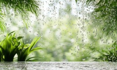 Wall Mural - Close-up of water droplets on a clear glass surface with blurred greenery in the background, capturing a refreshing and natural essence