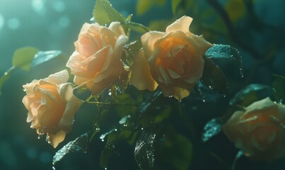 Wall Mural - Close-up of yellow roses with fresh dew drops captured under soft ambient light, styled for a romantic floral aesthetic