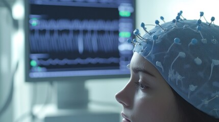 Poster - close up of a person wearing an eeg cap, used for monitoring brain activity, with a computer screen 