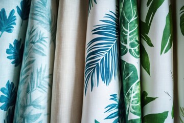 Poster - Bright tropical fabrics showcase vibrant patterns perfect for summer fashion and decor. Generative AI