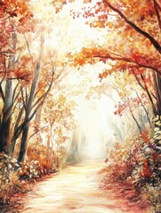 Aufkleber - Beautiful watercolor illustration of an autumn forest pathway illuminated by gentle sunlight. Generative AI