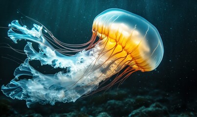 Wall Mural - Dynamic view of glowing jellyfish with translucent textures in a deep, shadowy ocean environment.