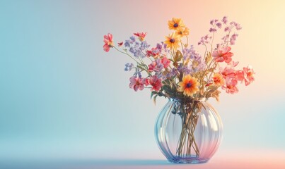 Wall Mural - Elegant glass vase with vibrant wildflowers, soft lighting and pastel tones adding a touch of romance and simplicity