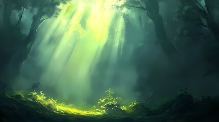 Wall Mural - Glowing light beams breaking through a dense fog in a dark forest, mysterious and captivating, forest glowtime, eerie and enchanting. Ethereal Fog & Mist. Illustration