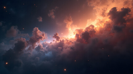 Wall Mural - Dramatic Sky: Fiery Orange & Dark Blue Cloudscape Photography - Celestial Storm Clouds with Ethereal Light - Atmospheric Weather Phenomenon Art Print