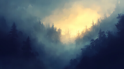 Wall Mural - Soft, golden light seeps through the dense morning fog in a mystical forest, misty forest, ethereal. Ethereal Fog & Mist. Illustration