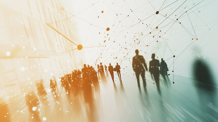 Group of business people silhouettes in modern office building and business network concept. Human resources with pastel innovation charts and graphs with statistics to analyze business	
