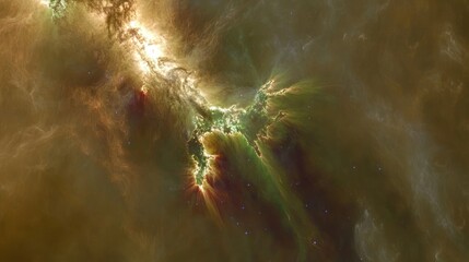 Wall Mural - Cosmic Nebula Golden, green gas clouds illuminate a stellar nursery; background stars; space exploration