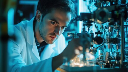 Aufkleber - focused scientist in a lab coat examines complex machinery in a high tech laboratory, surrounded by 