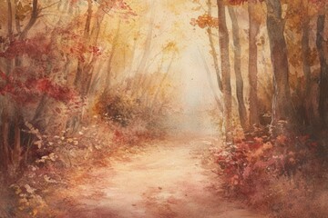 Poster - Beautiful watercolor illustration of a serene autumn forest path with warm colors and soft light. Generative AI