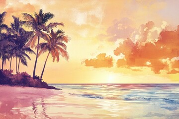 Poster - Watercolor illustration of a serene beach sunset with palm trees and gentle waves. Generative AI