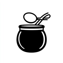 Wall Mural - Black drawing of pot with spoon and spatula for cook, cooking ingredients icon