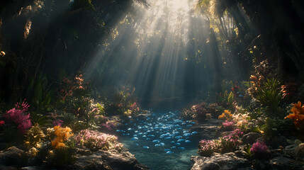 Poster - Sunbeams in mystical underwater forest