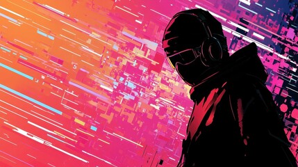 silhouette figure with digital background wearing hood and headphones