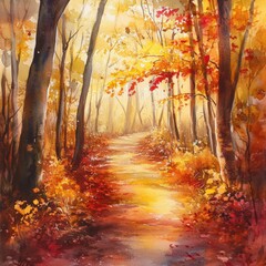 Poster - Serene autumn pathway surrounded by vibrant fall foliage in a peaceful forest setting. Generative AI