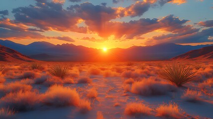 Wall Mural - Desert sunset landscape, mountains, fiery sky, travel poster