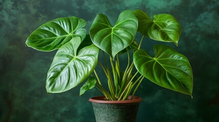 Wall Mural - green leaves of monstera ,Houseplant in a pot on a dark green background
