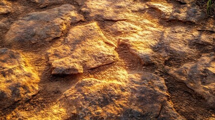 Sticker - Golden sunlight illuminates rough stone path, desert background, texture