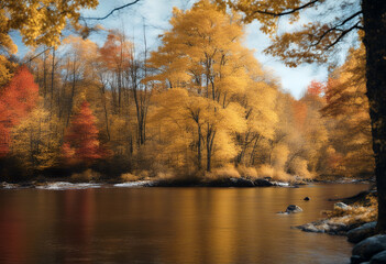 Wall Mural - colorful jacques park day fall magnificent canada river cartier quebec autumn forest foliage adventure america background cloud colourful environment fir fog hill horizon landscape leaf meadow mist