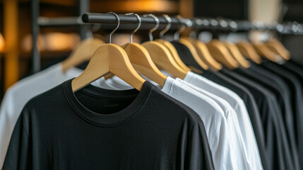Poster - A collection of neatly hung black and white t-shirts showcases modern fashion trends in a contemporary clothing store. The warm lighting enhances the inviting atmosphere, perfect for shopping