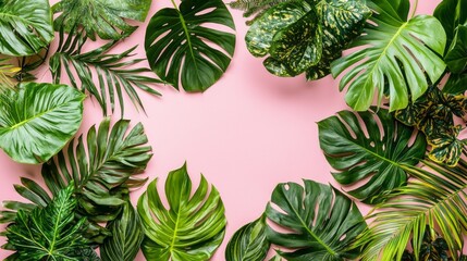 Poster - Vibrant tropical palm leaves are beautifully arranged on a soft pink backdrop, inviting creativity and warmth. Perfect for nature-themed projects or artistic explorations