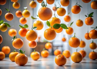 Poster - Surreal Urban Exploration: Oranges Levitating Against a Pristine White Background