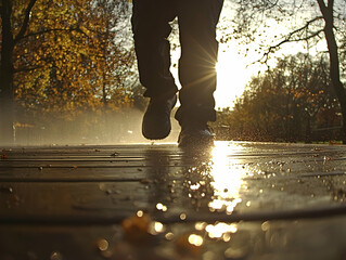 Sunset Jogging Wet Path, Autumn Park