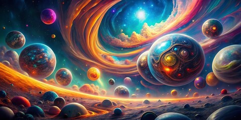 Poster - Vibrant Cosmic Swirl: Abstract Glowing Spheres, Futuristic Surreal Art
