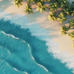  Turquoise ocean waves gently lapping against a palm-fringed sandy shoreline