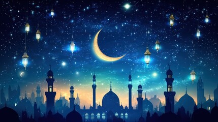 Mosque silhouettes under crescent moon and glowing lanterns for holiday card, background