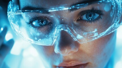 Poster - intense gaze of a scientist through protective goggles, highlighting focus and dedication in a labor