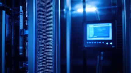 Poster - Futuristic server room features a glowing digital display and sleek server racks. The blue lighting highlights the advanced technology and modern infrastructure essential for data management