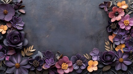 Wall Mural - Purple paper flowers frame, dark background, craft