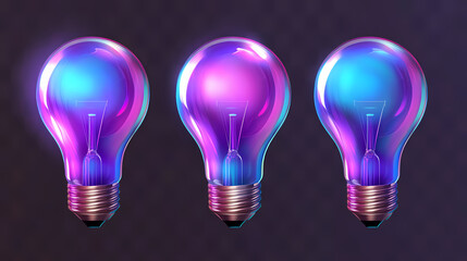 Wall Mural - Purple blue gradient light bulb holographic iridescent 3d render icon isolated on transparent background cutout. Holographic Projections. Illustration