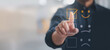 © FATNA - Customer service and Satisfaction concept ,Business people are touching the virtual screen on the happy Smiley face icon to give satisfaction in service. rating very impressed.