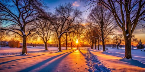 Wall Mural - Winter Sunset Park:  Golden Hour Glow in Frosty Landscape