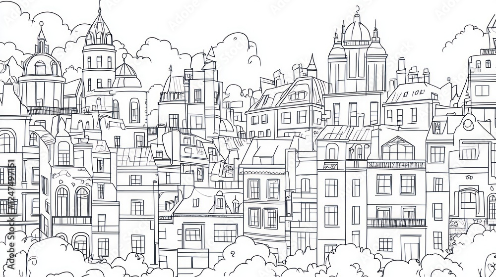 City buildings line art with domes, windows, and detailed sketch ...
