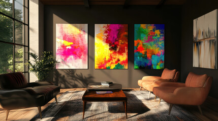 Wall Mural - Bright and colorful living room featuring interactive art displays, modern furniture, and natural light. vibrant artwork adds lively touch to cozy space