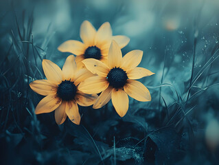 Poster - Yellow flowers in garden, dreamy bokeh background, nature photography, website banner