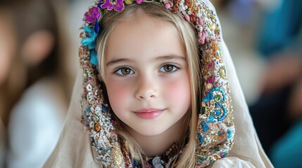 Girl in traditional costume, smiling, indoor event