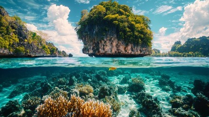Poster - Beneath the clear blue surface lies a breathtaking world of coral reefs teeming with colorful fish, set against a backdrop of lush islands bathed in warm sunlight