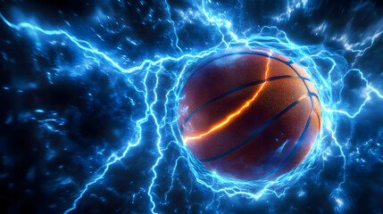 Wall Mural - A basketball glowing with blue lightning bolts, capturing the intensity and speed of the game