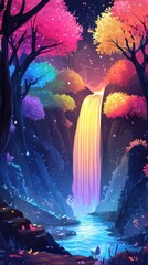 Wall Mural - A vibrant fantasy landscape features a waterfall and colorful trees