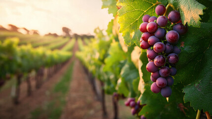 Wall Mural - warm golden hour glow over vineyard with ripe grapes