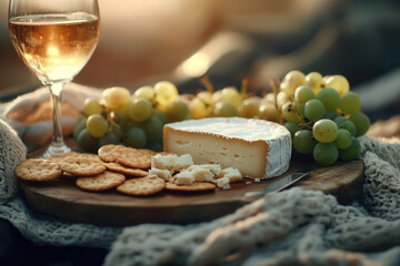 Enjoying a cozy outdoor cheese and wine picnic with crackers and grapes during golden hour