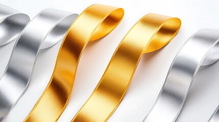 Wall Mural - Gold and silver ribbons on white background; celebration, decoration, design